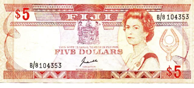 1989 Fiji 5 Dollar Bank Note P 91 Queen Elizabeth II as pictured B/8 104353