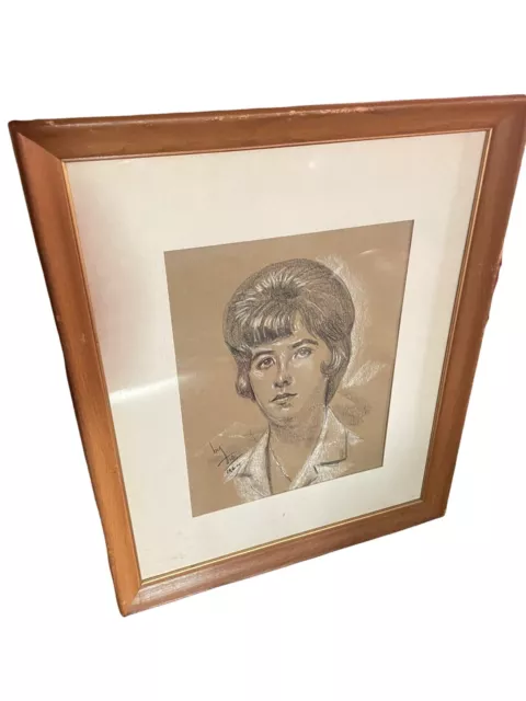 Vtg 1960s MCM Portrait Woman Charcoal Drawing Pencil Pastel Framed Debutante Tio