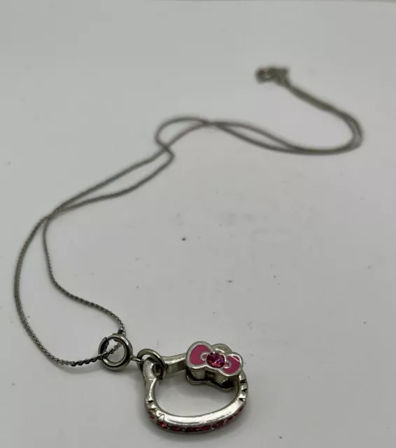 Sanrio Hello Kitty Face Bow Pink Crystals Necklace Pendant Stainless Steel Rare