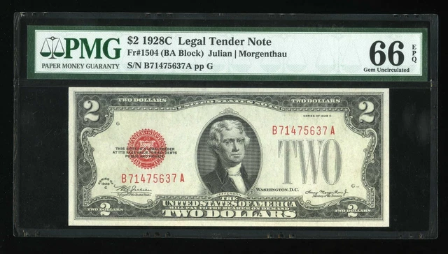 DBR 1928-C $2 Legal Gem Fr. 1504 BA Block PMG 66 EPQ Serial B71475637A