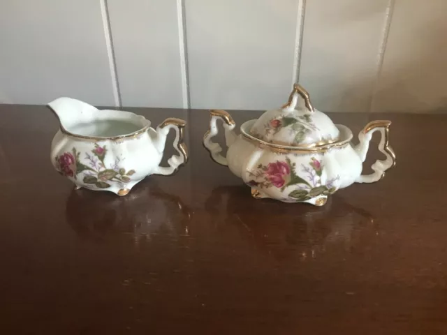 Sugar And Creamer Set Napco  IVD211 China Hand Painted Rose Gold Trim Handles