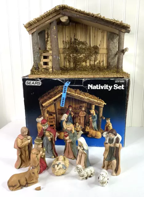 Vintage Box Sears Christmas 10 Piece Nativity Set Reed Moss Creche #97889 Flaw