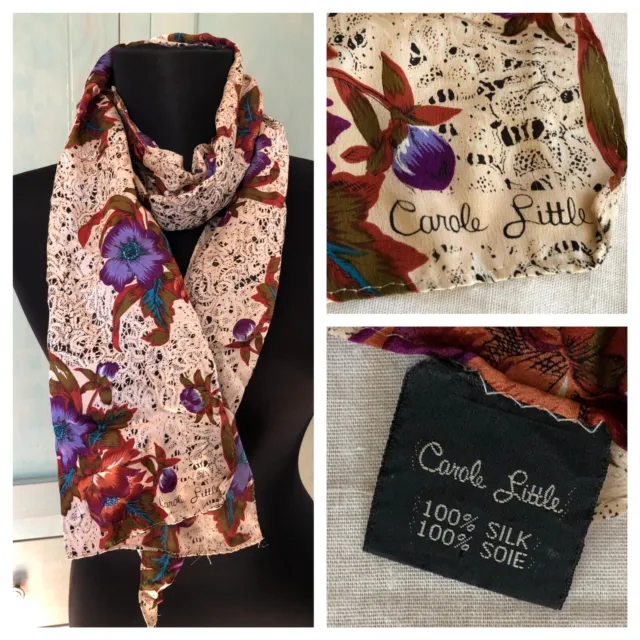 Vintage Carole Little Scarf 100% Silk Floral Lace Print Rectangle 57 x 10.5"