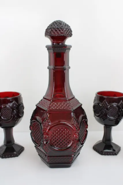Vintage AVON 1876 Cape Cod Ruby Red Glass 6 Wine Goblets & Decanter Set 2