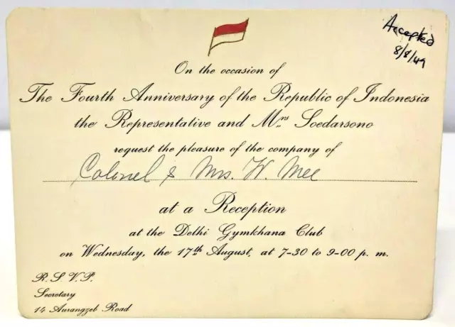 Invitation Fourth Anniversary Republic Indonesia New Delhi Gymkhana Club 1949