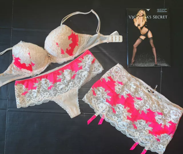 NWT Victoria's Secret unlined 32C BRA SET+thong+garter TEDDY GRAY