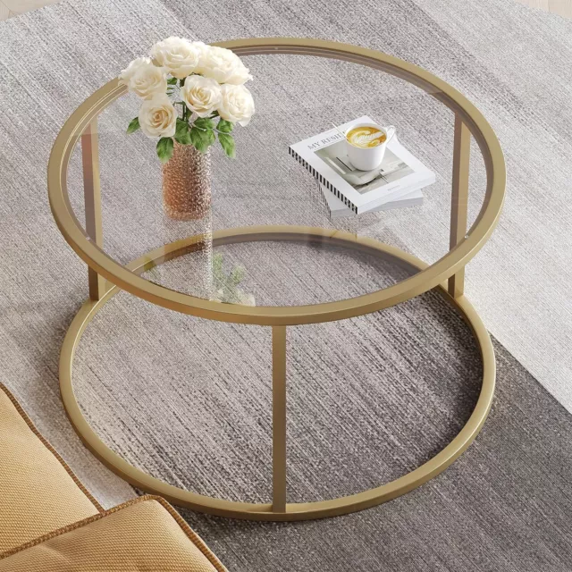 SAYGOER Small Glass Coffee Table Round Gold Coffee Table for Small Space Modern