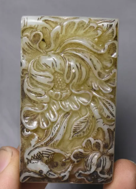 6.2CM China Hongshan Culture Old Jade Carving Flowers Birds Amulet Pendant