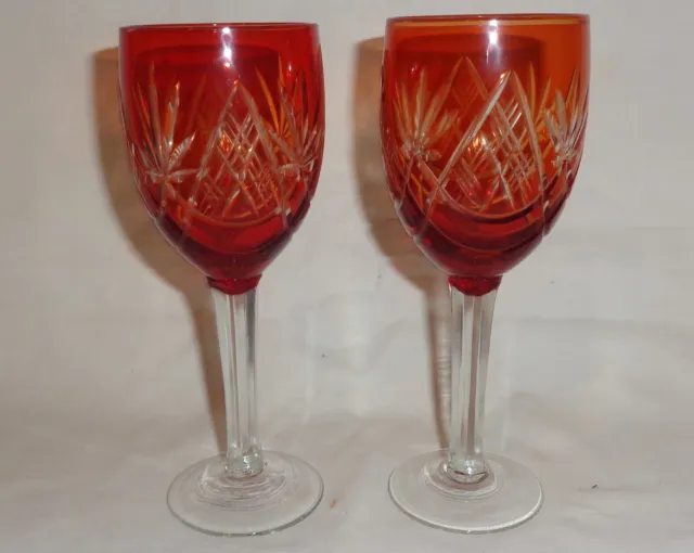 2 Ruby Red Small Cut Glass Wine Glasses