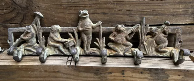 Vintage Cast Iron Verdigris Frogs Musicians Hanging Rack Hooks Wall Mounted 16”