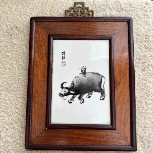 Chinese porcelain tile water buffalo framed seal ox bull ceramic art