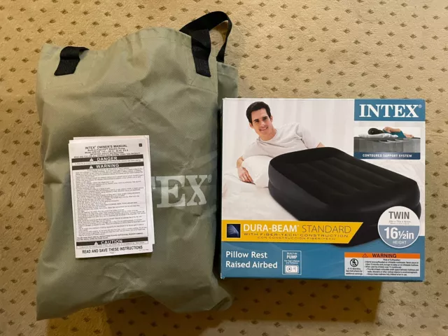 Intex Dura-Beam Pillow Rest Fiber Tech Air Mattress Bed Built In Pump Twin Size