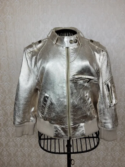 RARE All Saints Cropped Tab Neck Metalic Gold Real Leather Bomber Jacket Size 8