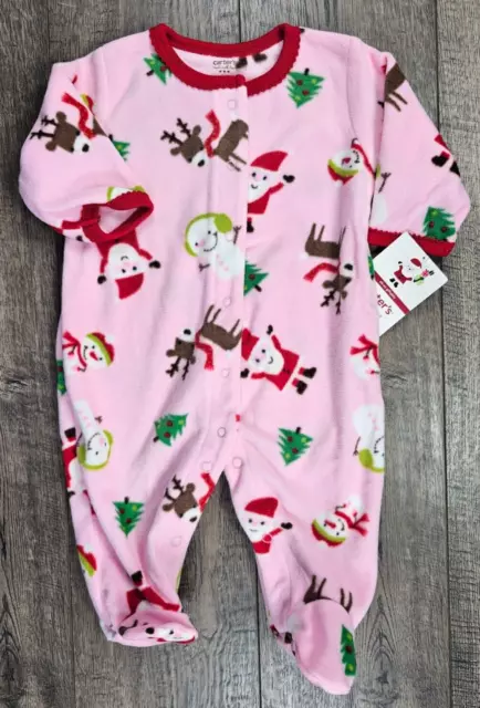 Baby Girl Clothes New Carter's 3 Month Fleece Pink Christmas Footed Outfit