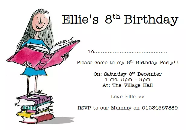 personalised paper card party birthday invites invitations ROALD DAHL MATILDA #2