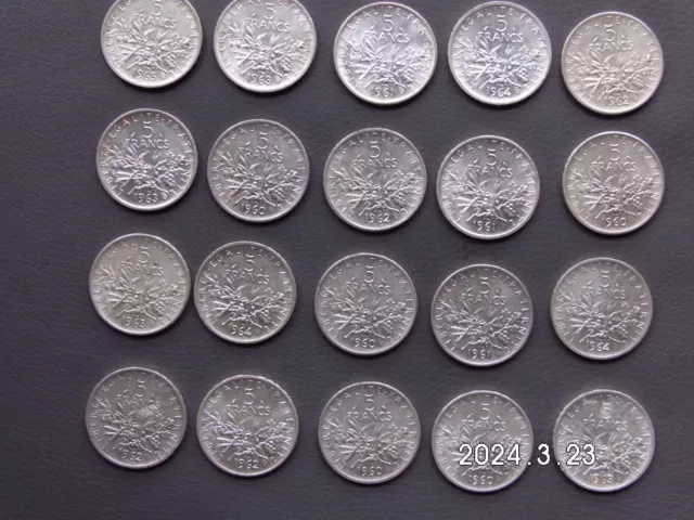 Pièces 5 francs semeuses ARGENT ( lot de 20 pièces)