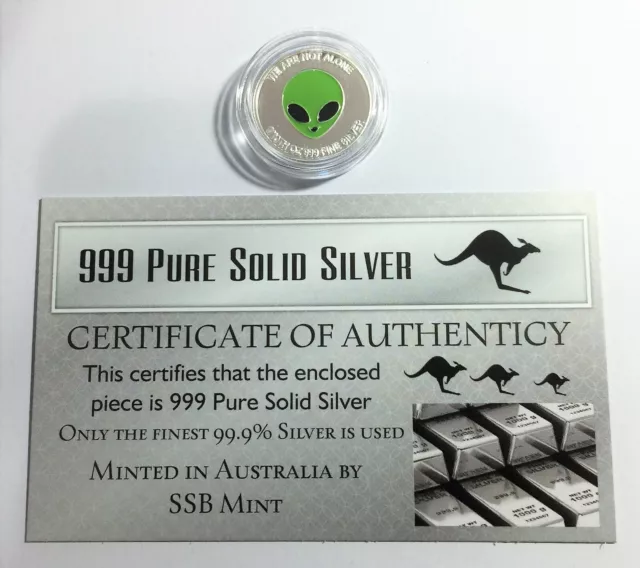 ALIEN, We are not alone, UFO 1/10th OZ 999 Pure Silver Coin, with C.O.A 2023