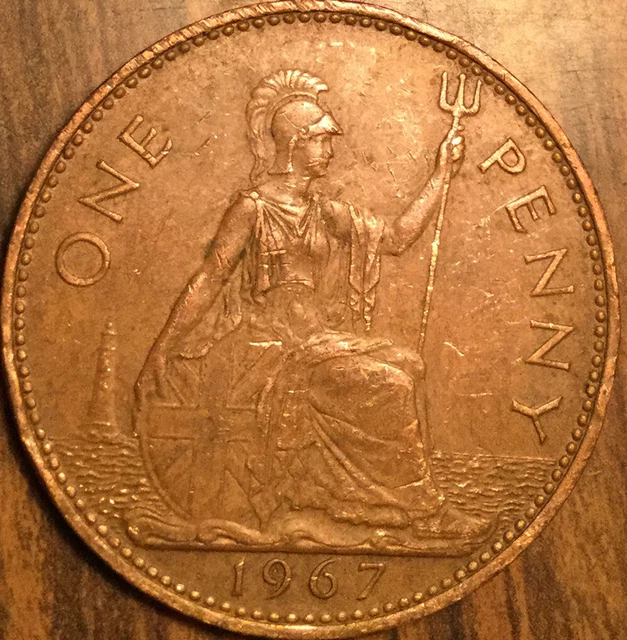 1967 Uk Gb Great Britain One Penny Coin