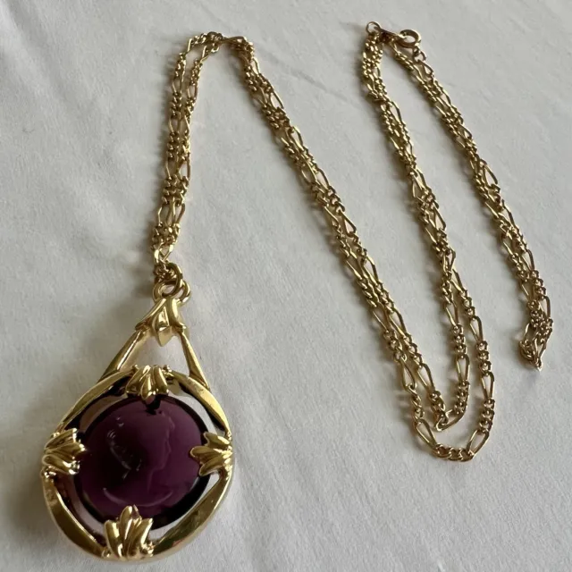 Vintage 90s Sign AVON Cameo Lady Purple Reverse Carved Lucite Gold Tone Necklace