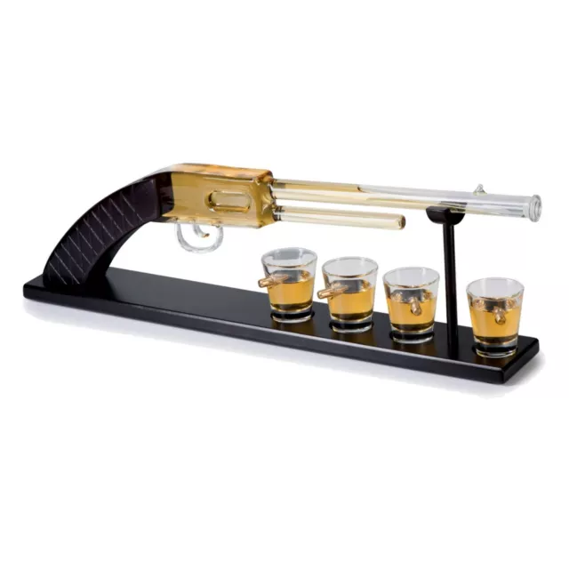 Whiskey Gun Decanter & 4 Bullet Shot Glasses on Mahogany Tray - Bourbon Liquor