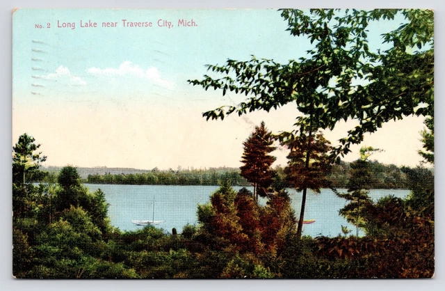 c1911~Long Lake~Traverse City Michigan MI~Sailboats~Scenic View~Antique Postcard