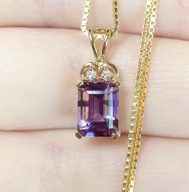 14K fancy Amethyst Diamond dark purple emerald cut yellow gold pendant