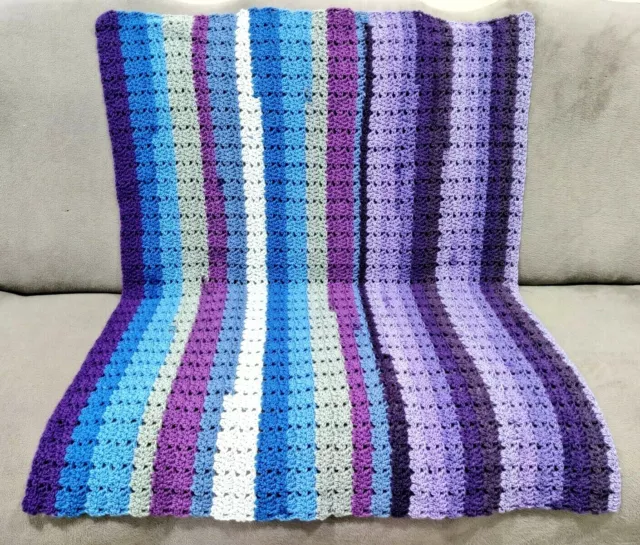Handmade Crochet Baby Blanket Lap Afghan Wrap Throw 52 x 42 in. Purple Blue #2