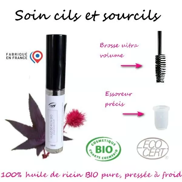 Mascara Huile de Ricin 100% Bio 10ml - Soin cils et sourcils , Brosse Volume