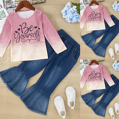 Baby Girls Letter Christmas Long Sleeve Flared Denim Pants Kids Clothes Outfits