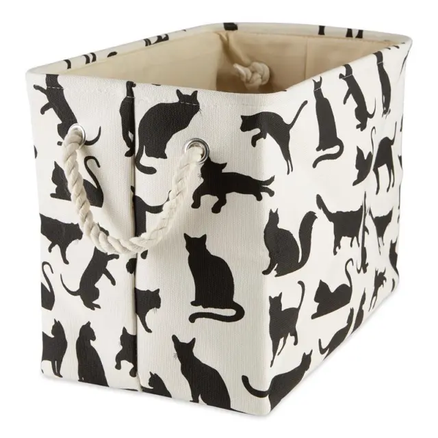 Polyester White and Black Pet Bin Cats Meow Rectangle Small 14x8x9 inches