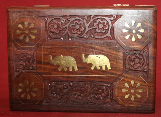 Vintage hand carved flowers wood box with inlaid brass elephants