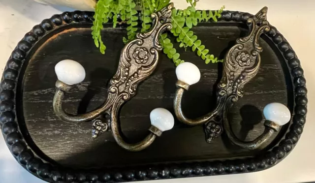 2 Vintage-Old-STYLE Brass Wall Mount Double Hooks w/ white Porcelain Balls Ends