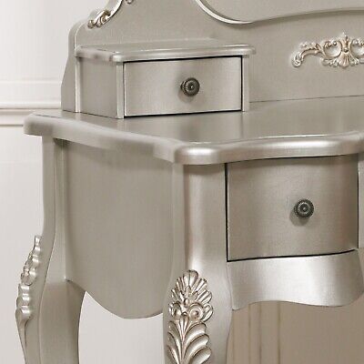 French Style Silver Dressing Table Makeup Desk Vanity With Mirror and Stool Set 2