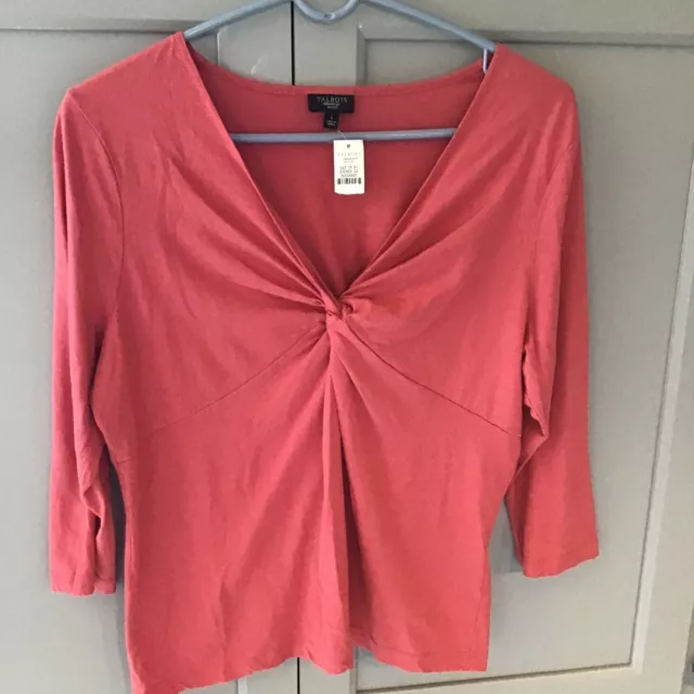 Talbots Petites 3/4 Sleeve  Pima Cotton Blend Top Knot Front  Top PL NWT Coral
