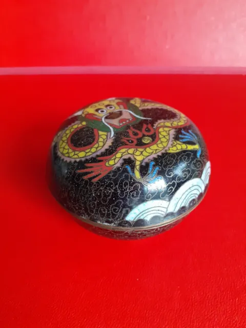 ANTIQUE Qing Chinese Yellow Dragon 5 Claws Cloisonne Enamel Round Lidded Box Jar