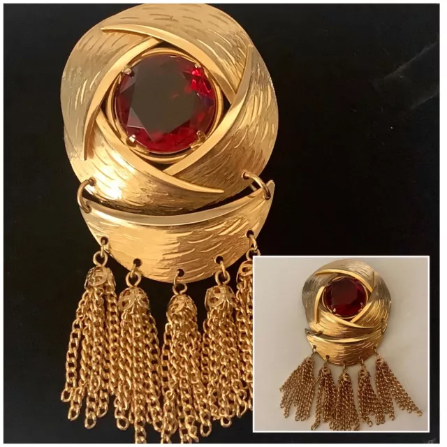 Vintage Signed Hattie Carnegie Large Gold Tone & Red Cabouchon Tassel Brooch Pin