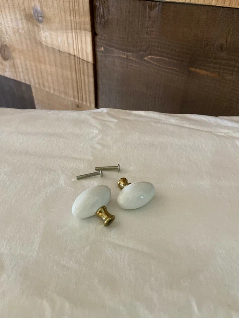 Large Belwith Vintage White Oval with Brass Finished Hardware Cabinet Pull Knob