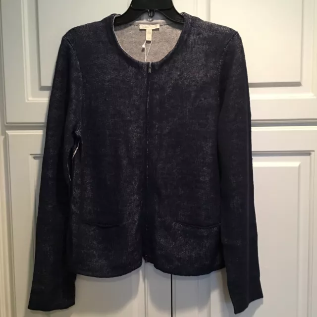 NWT M 8/10 Eileen Fisher Midnight Navy Blue Jacket Zip Front $268+ Maybe L