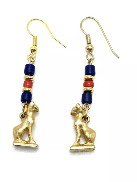 Egyptian Revival Gold Bastet Cat Carnelian Amulet Dangle Earrings 18kGP