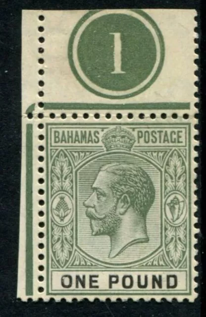 BAHAMAS 1912-19 KGV £1 DULL GREEN & BLACK SG89a PLATE 1 MNH