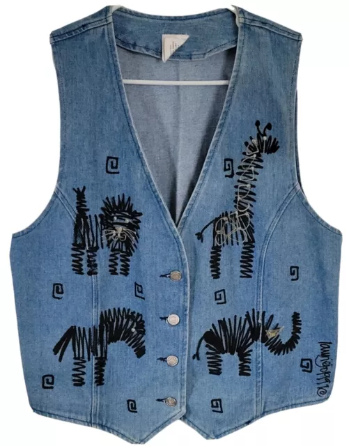 90s Blue Denim Jean Vest Painted Zoo Animals Women’s Size L VTG LaurieJo