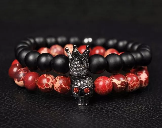 Men Lava Stone Beads Black Zircon Crown Skull Red Agate Charm Bracelets Jewelry