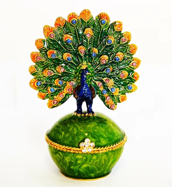 Fan shape Tail Peacock on Trinket Box. Hand Set Swarovski Crystals & Enamel.