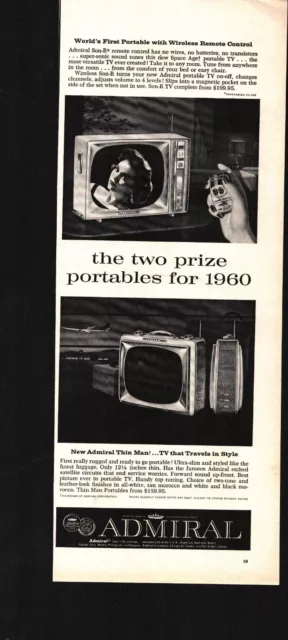 1959 ADMIRAL SON-R Portable TV with Wireless Remote, Thin Man Vintage Print Ad