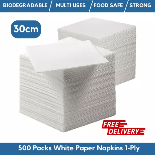 500 White Paper Napkins 30cm 1-Ply White Serviettes For Restaurants, BBQs, Party