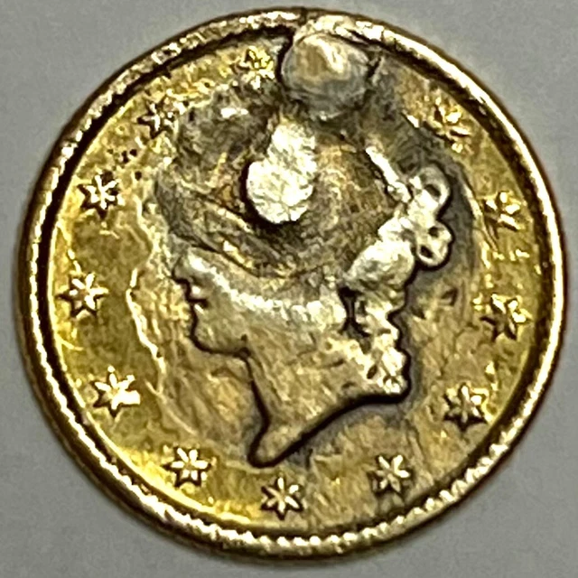 1849-1853 Type 1 $1 Liberty Gold Dollar: Love Token "MDS"  Holed & Plugged