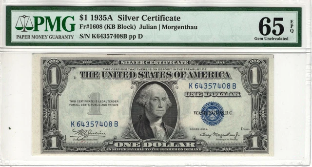 1935 A $1 Silver Certificate Note Currency Fr.1608 Pmg Gem Unc 65 Epq