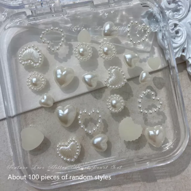 100Pcs/Bag Mixed Pearl Nail Rhinestones 3D Half Round Pearl Heart Shaped