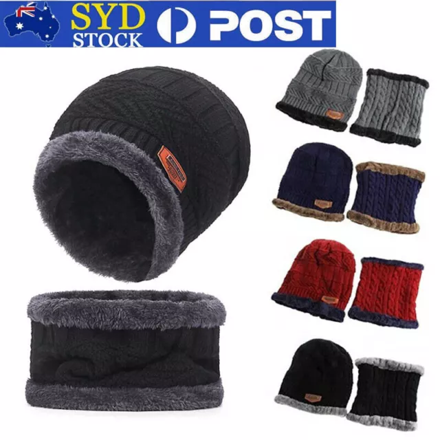 Mens Women Winter Beanie Hat & Scarf Set Warm Fleece Knitted Thick Knit Cap Men