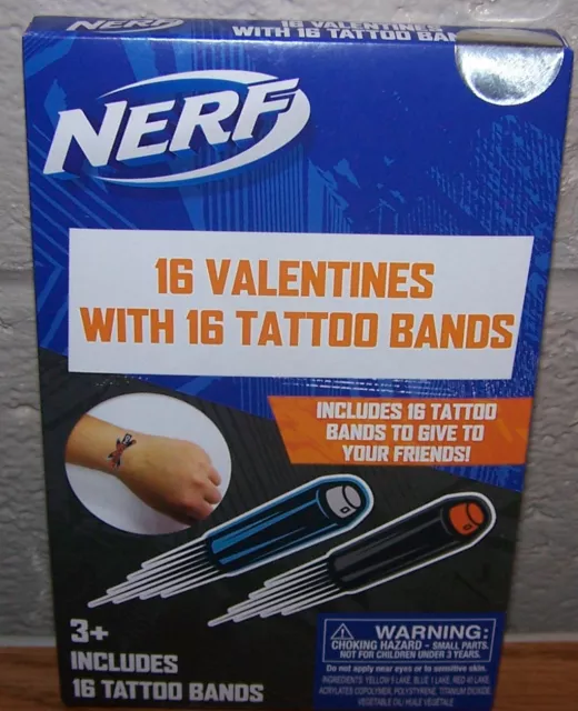 Valentines Day Cards (Box of 16) Nerf with 16 Tattoo Bands